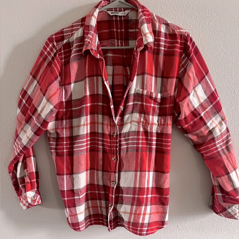 Sonoma PL Bright Cowboy Red White Pink Multi Plaid Button-Up Shirt petite large